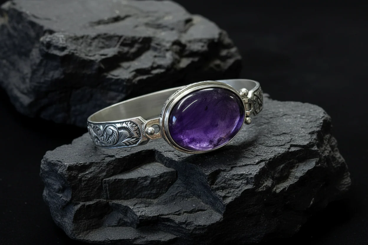 Hand-Engraved Bracelet Cuff with 30 Ct Natural Amethyst Stone | 925 Sterling Silver Bracelet | With Certificate of Authenticity and 925 Hallmark