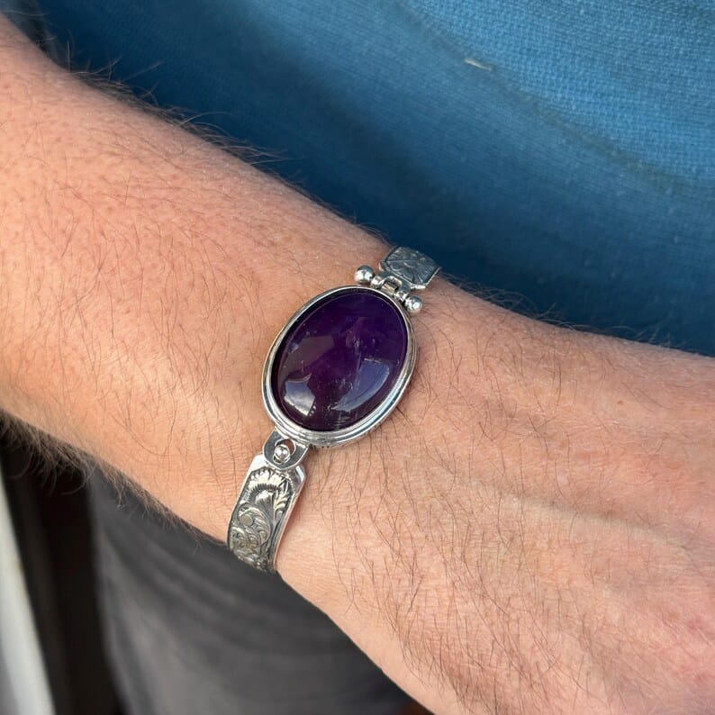 Hand-Engraved Bracelet Cuff with 30 Ct Natural Amethyst Stone | 925 Sterling Silver Bracelet | With Certificate of Authenticity and 925 Hallmark - Image 2