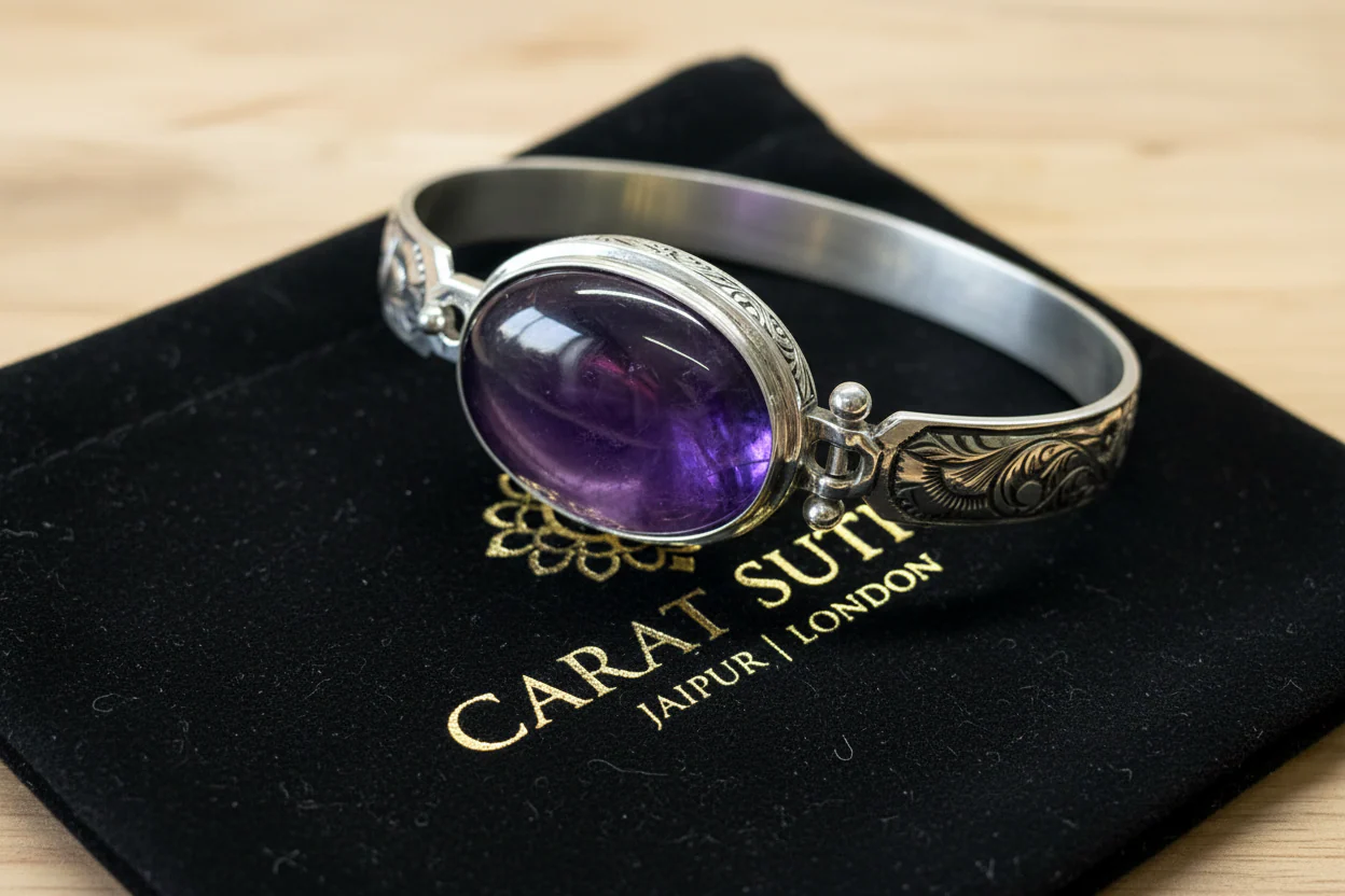 Hand-Engraved Bracelet Cuff with 30 Ct Natural Amethyst Stone | 925 Sterling Silver Bracelet | With Certificate of Authenticity and 925 Hallmark - Image 3