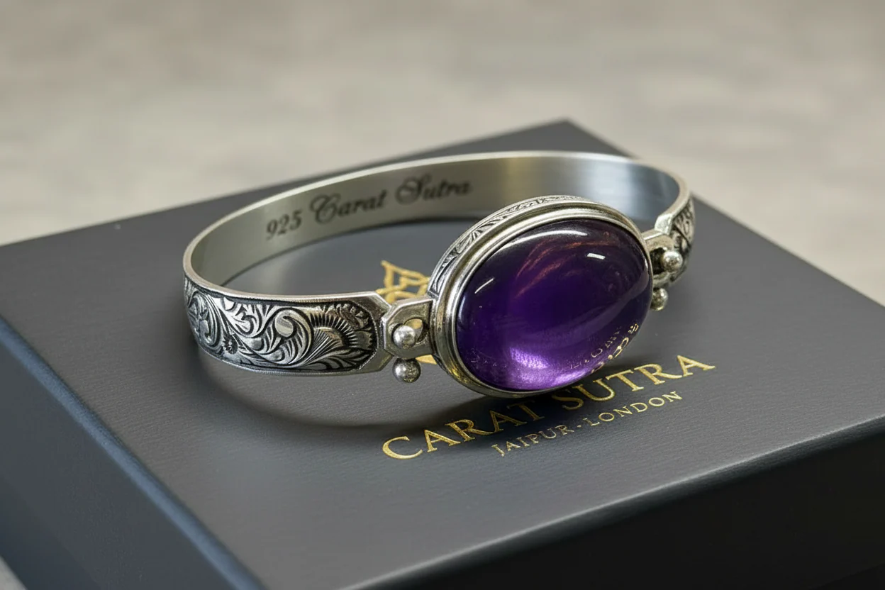 Hand-Engraved Bracelet Cuff with 30 Ct Natural Amethyst Stone | 925 Sterling Silver Bracelet | With Certificate of Authenticity and 925 Hallmark - Image 4