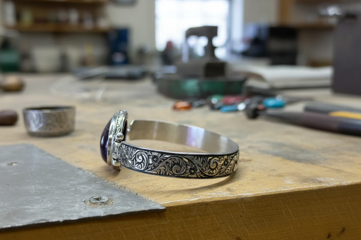 Hand-Engraved Bracelet Cuff with 30 Ct Natural Amethyst Stone | 925 Sterling Silver Bracelet | With Certificate of Authenticity and 925 Hallmark - Image 5