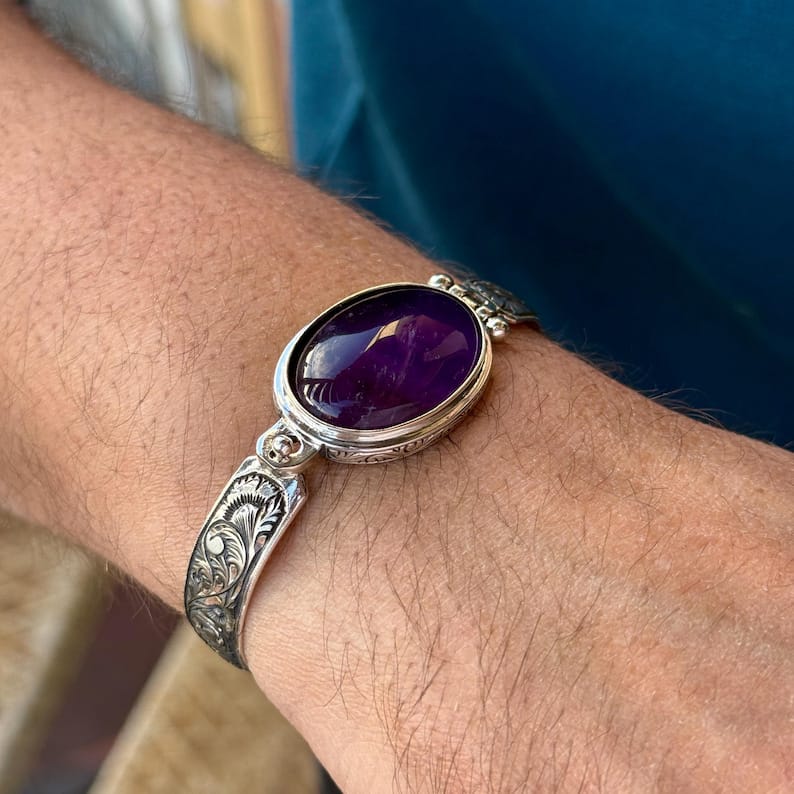 Hand-Engraved Bracelet Cuff with 30 Ct Natural Amethyst Stone | 925 Sterling Silver Bracelet | With Certificate of Authenticity and 925 Hallmark - Image 6