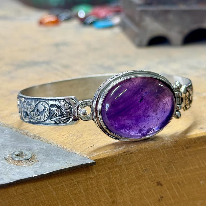 Hand-Engraved Bracelet Cuff with 30 Ct Natural Amethyst Stone | 925 Sterling Silver Bracelet | With Certificate of Authenticity and 925 Hallmark - Image 7
