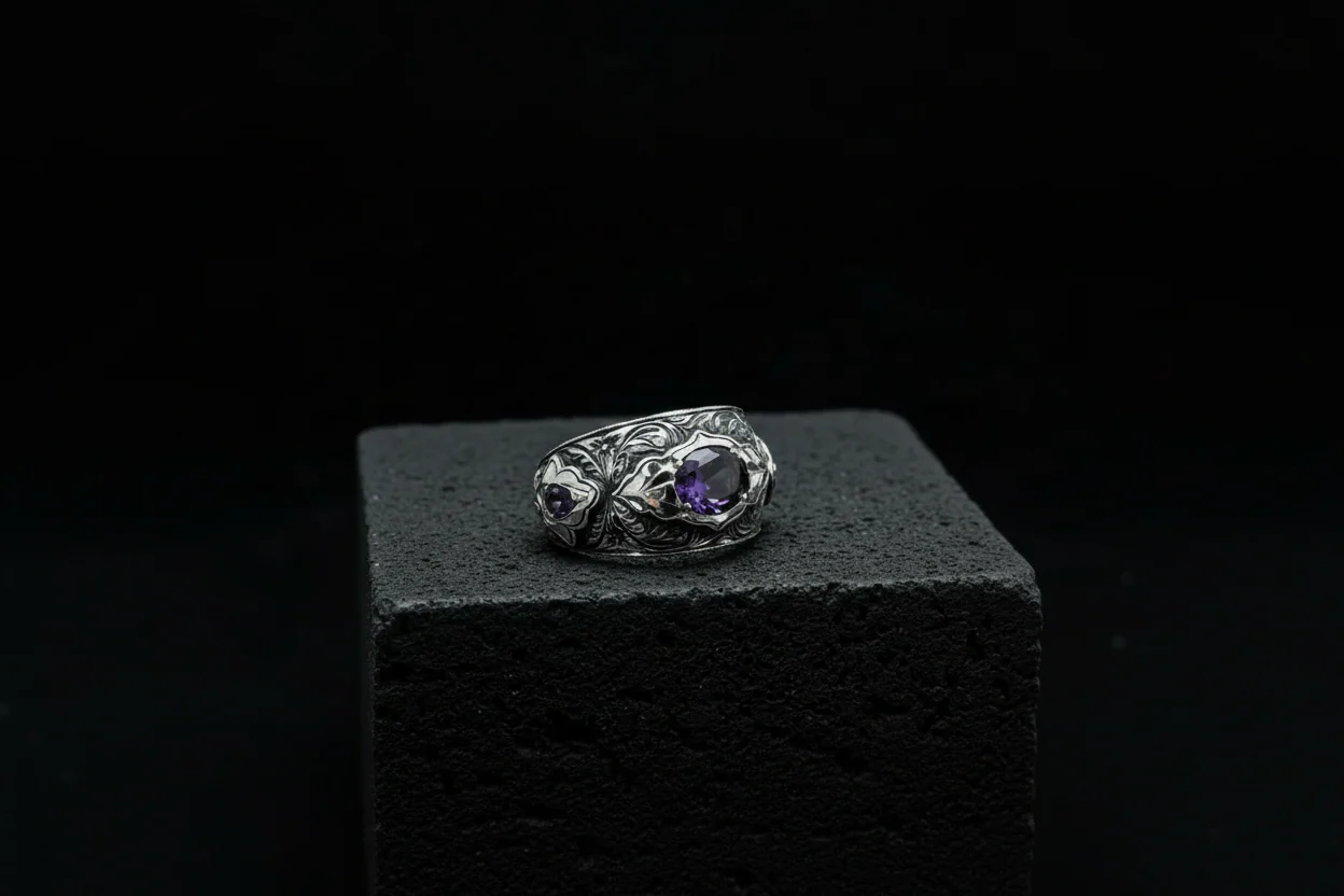 Hand-Engraved Original Amethyst Silver Band | 925 Sterling Silver Ring, studded with Amethyst | With Certificate of Authenticity and 925 Hallmark