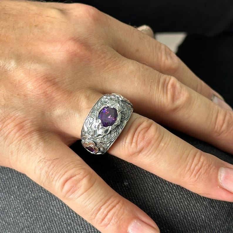 Hand-Engraved Original Amethyst Silver Band | 925 Sterling Silver Ring, studded with Amethyst | With Certificate of Authenticity and 925 Hallmark - Image 2