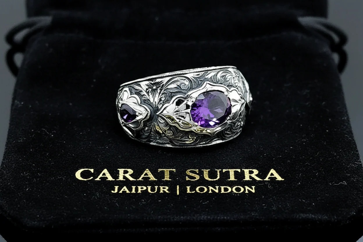 Hand-Engraved Original Amethyst Silver Band | 925 Sterling Silver Ring, studded with Amethyst | With Certificate of Authenticity and 925 Hallmark - Image 3