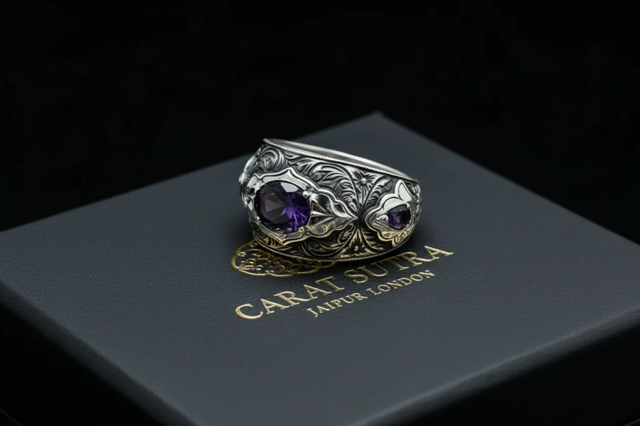 Hand-Engraved Original Amethyst Silver Band | 925 Sterling Silver Ring, studded with Amethyst | With Certificate of Authenticity and 925 Hallmark - Image 4