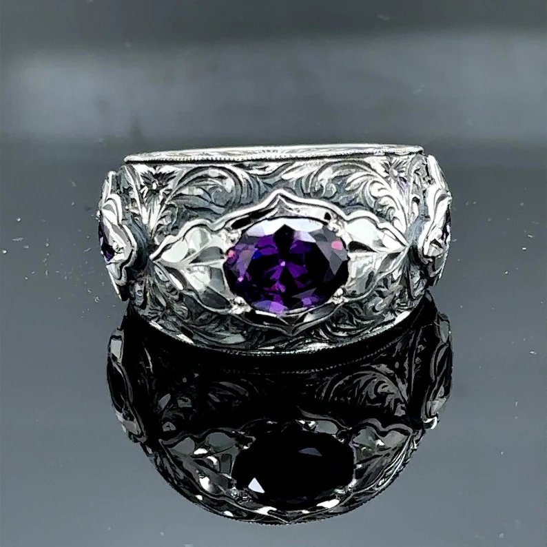 Hand-Engraved Original Amethyst Silver Band | 925 Sterling Silver Ring, studded with Amethyst | With Certificate of Authenticity and 925 Hallmark - Image 5
