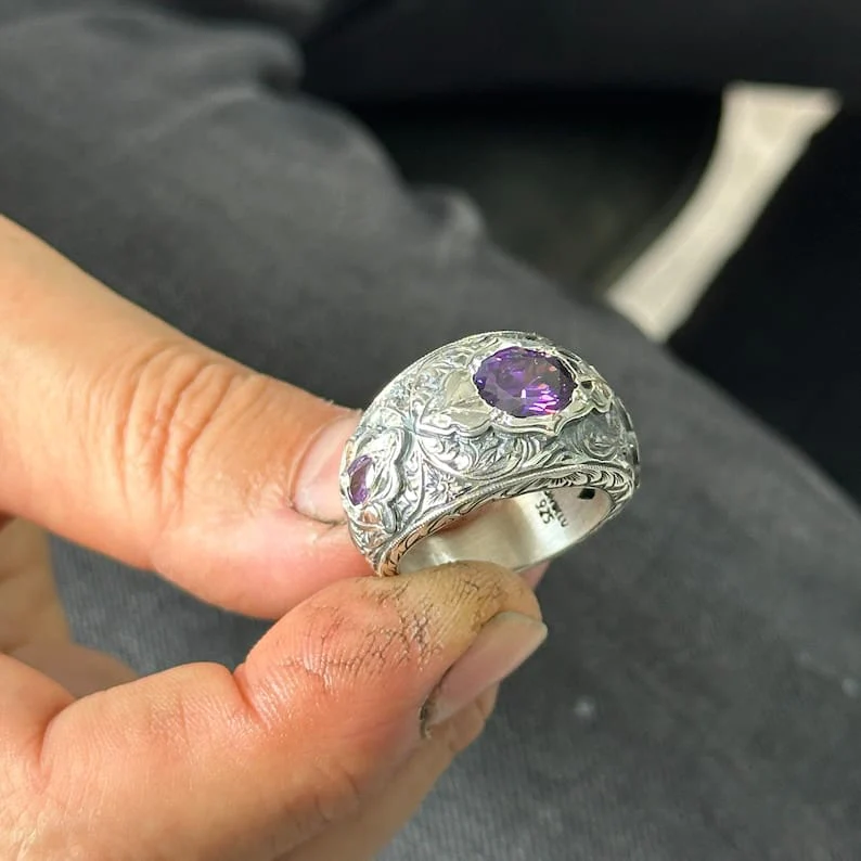 Hand-Engraved Original Amethyst Silver Band | 925 Sterling Silver Ring, studded with Amethyst | With Certificate of Authenticity and 925 Hallmark - Image 6