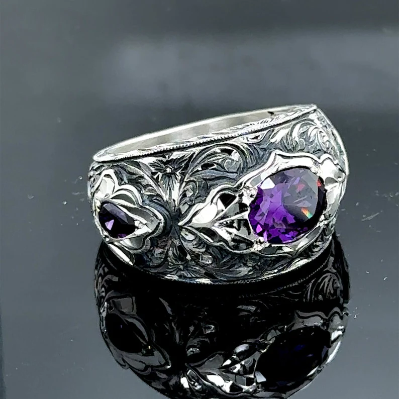 Hand-Engraved Original Amethyst Silver Band | 925 Sterling Silver Ring, studded with Amethyst | With Certificate of Authenticity and 925 Hallmark - Image 7