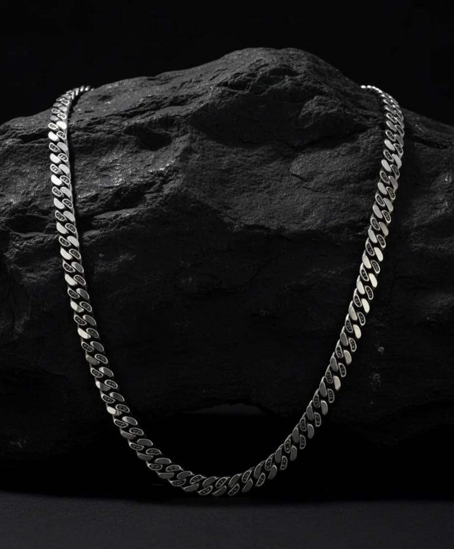 RARE PRINCE by CARAT SUTRA | 10mm Wide Oxidised Solid Miami Cuban Link Chain Studded With Black Zirconia Stone | 925 Sterling Silver Chain | Men's Jewelry | With Certificate of Authenticity and 925 Hallmark