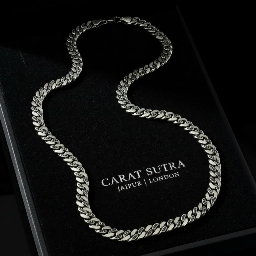 RARE PRINCE by CARAT SUTRA | 10mm Wide Oxidised Solid Miami Cuban Link Chain Studded With Black Zirconia Stone | 925 Sterling Silver Chain | Men's Jewelry | With Certificate of Authenticity and 925 Hallmark - Image 3