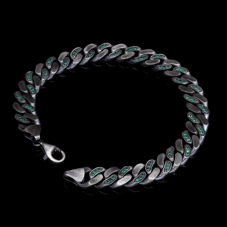 RARE PRINCE by CARAT SUTRA | 10mm Unique Green Emerald Iced Cuban Link Bracelet for Men | Dark Oxidized 925 Silver Bracelet | Men's Jewelry | With Certificate of Authenticity and 925 Hallmark - Image 10