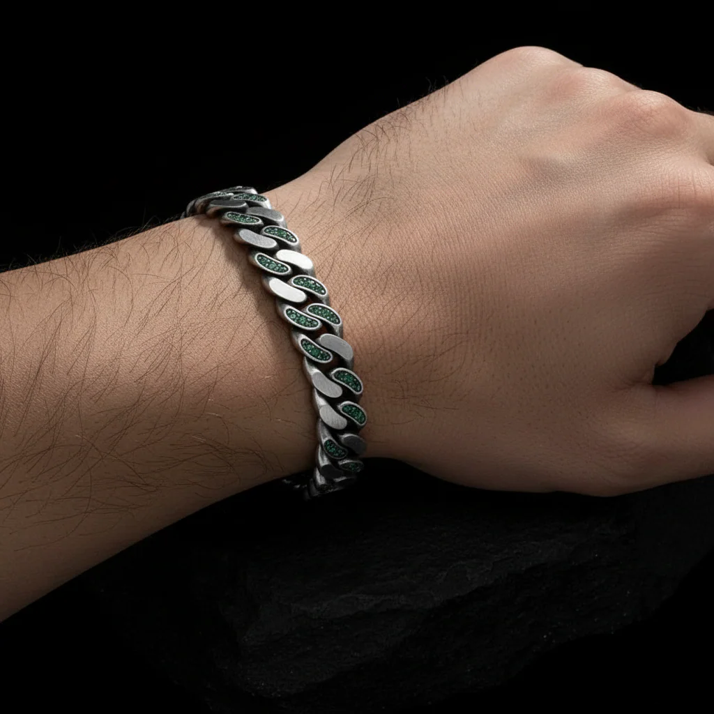 RARE PRINCE by CARAT SUTRA | 10mm Unique Green Emerald Iced Cuban Link Bracelet for Men | Dark Oxidized 925 Silver Bracelet | Men's Jewelry | With Certificate of Authenticity and 925 Hallmark - Image 3