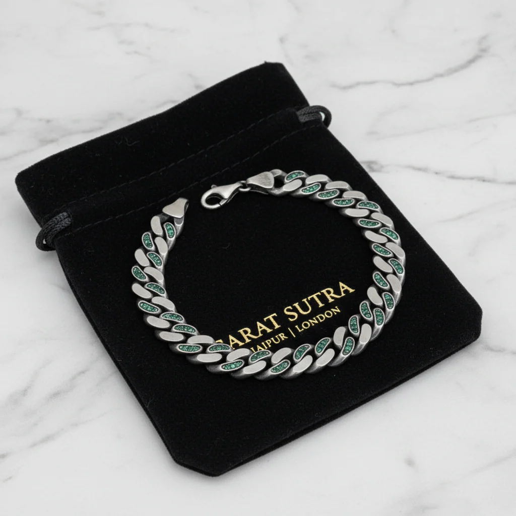 RARE PRINCE by CARAT SUTRA | 10mm Unique Green Emerald Iced Cuban Link Bracelet for Men | Dark Oxidized 925 Silver Bracelet | Men's Jewelry | With Certificate of Authenticity and 925 Hallmark - Image 4