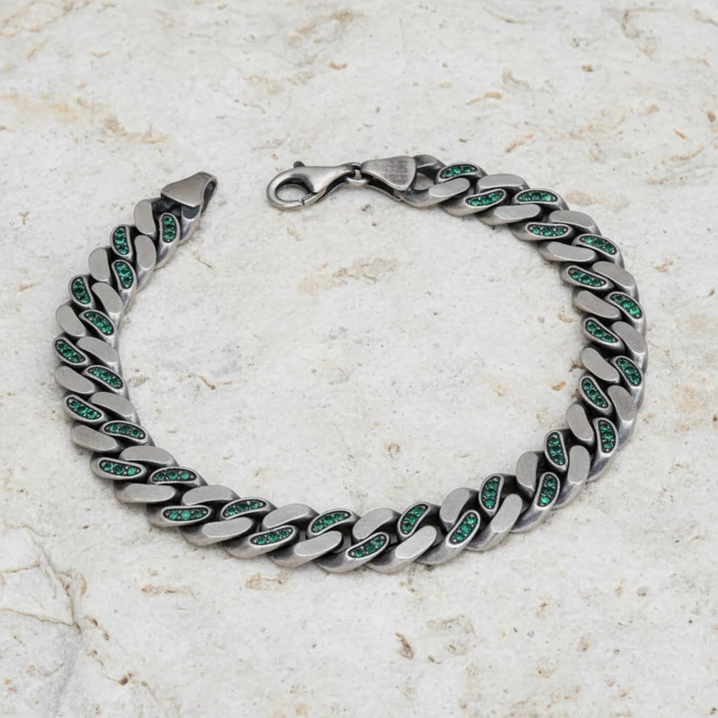 RARE PRINCE by CARAT SUTRA | 10mm Unique Green Emerald Iced Cuban Link Bracelet for Men | Dark Oxidized 925 Silver Bracelet | Men's Jewelry | With Certificate of Authenticity and 925 Hallmark - Image 6