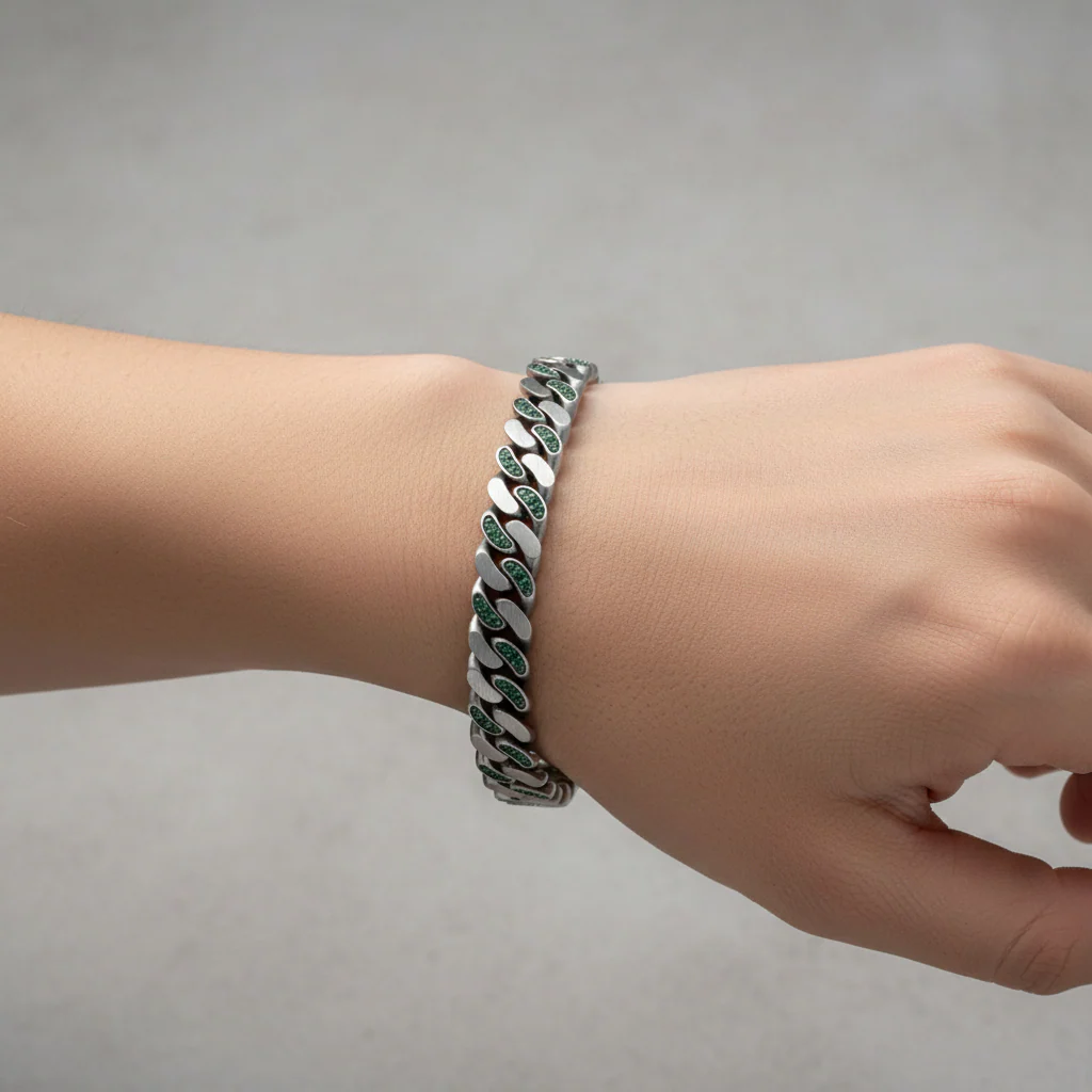 RARE PRINCE by CARAT SUTRA | 10mm Unique Green Emerald Iced Cuban Link Bracelet for Men | Dark Oxidized 925 Silver Bracelet | Men's Jewelry | With Certificate of Authenticity and 925 Hallmark - Image 7
