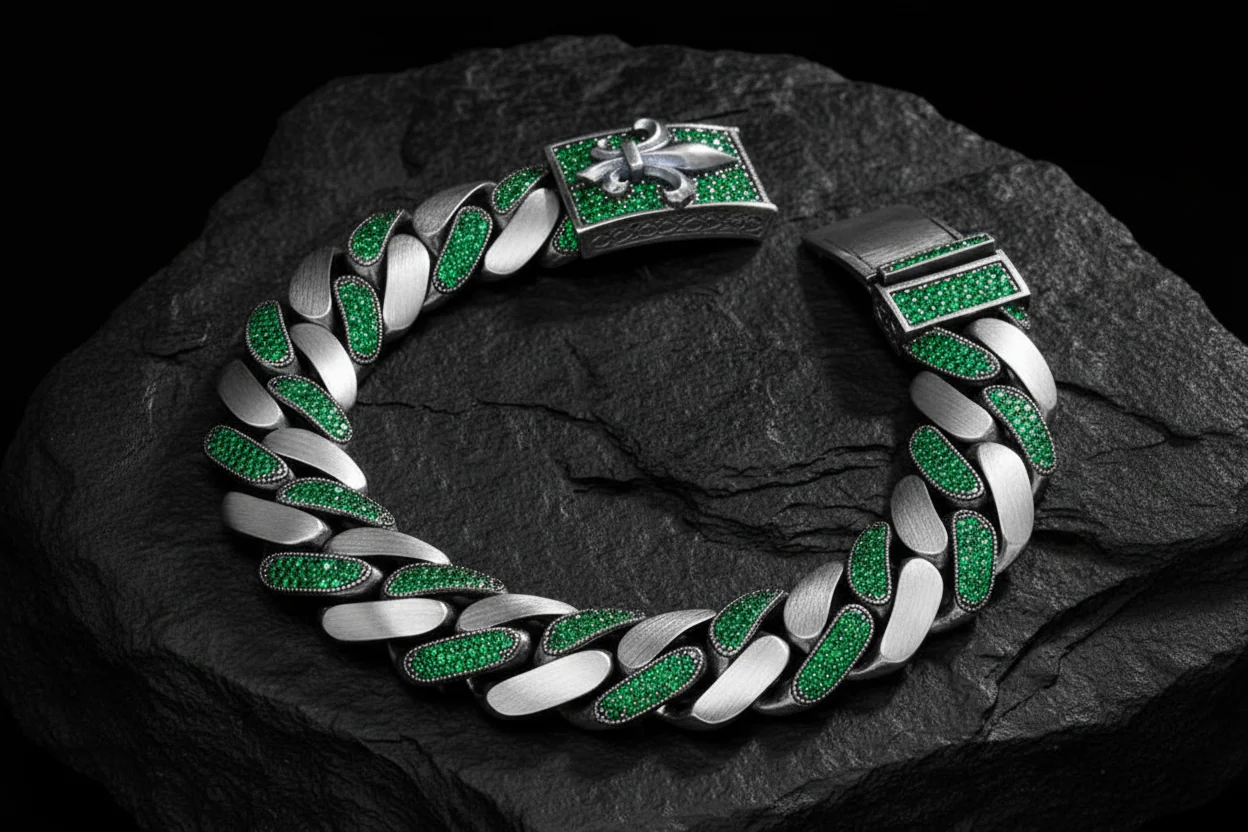 16mm wide, Unique Fleur-De-Lis Blue Iced Cuban Link Bracelet for Men | Dark Oxidized 925 Silver Bracelet | With Certificate of Authenticity and 925 Hallmark - Image 3