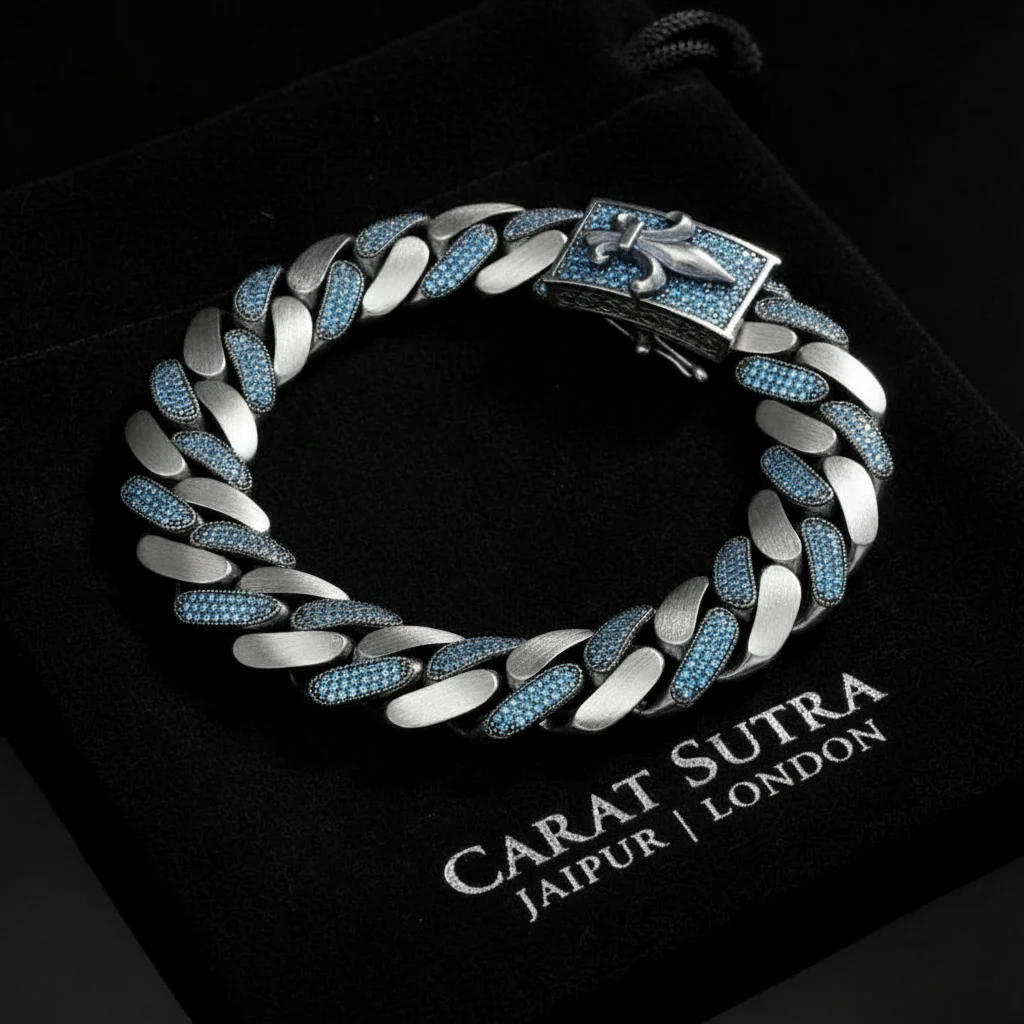 16mm wide, Unique Fleur-De-Lis Blue Iced Cuban Link Bracelet for Men | Dark Oxidized 925 Silver Bracelet | With Certificate of Authenticity and 925 Hallmark - Image 4