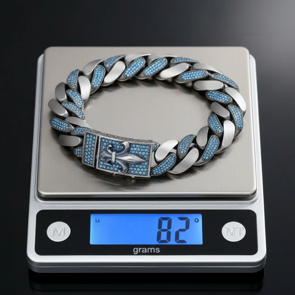16mm wide, Unique Fleur-De-Lis Blue Iced Cuban Link Bracelet for Men | Dark Oxidized 925 Silver Bracelet | With Certificate of Authenticity and 925 Hallmark - Image 5