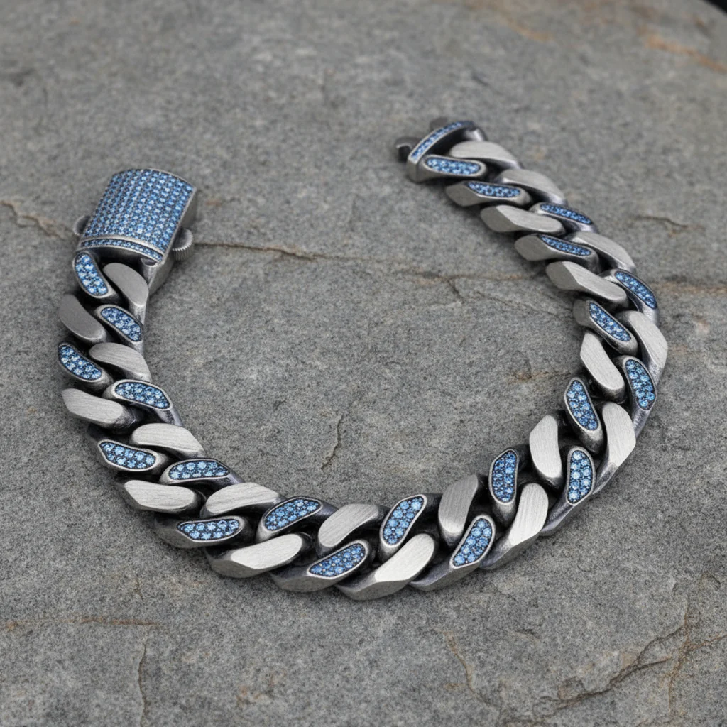 RARE PRINCE by CARAT SUTRA | 14mm Unique  Blue Iced Cuban Link Bracelet for Men | Dark Oxidized 925 Silver Bracelet | Men's Jewelry | With Certificate of Authenticity and 925 Hallmark