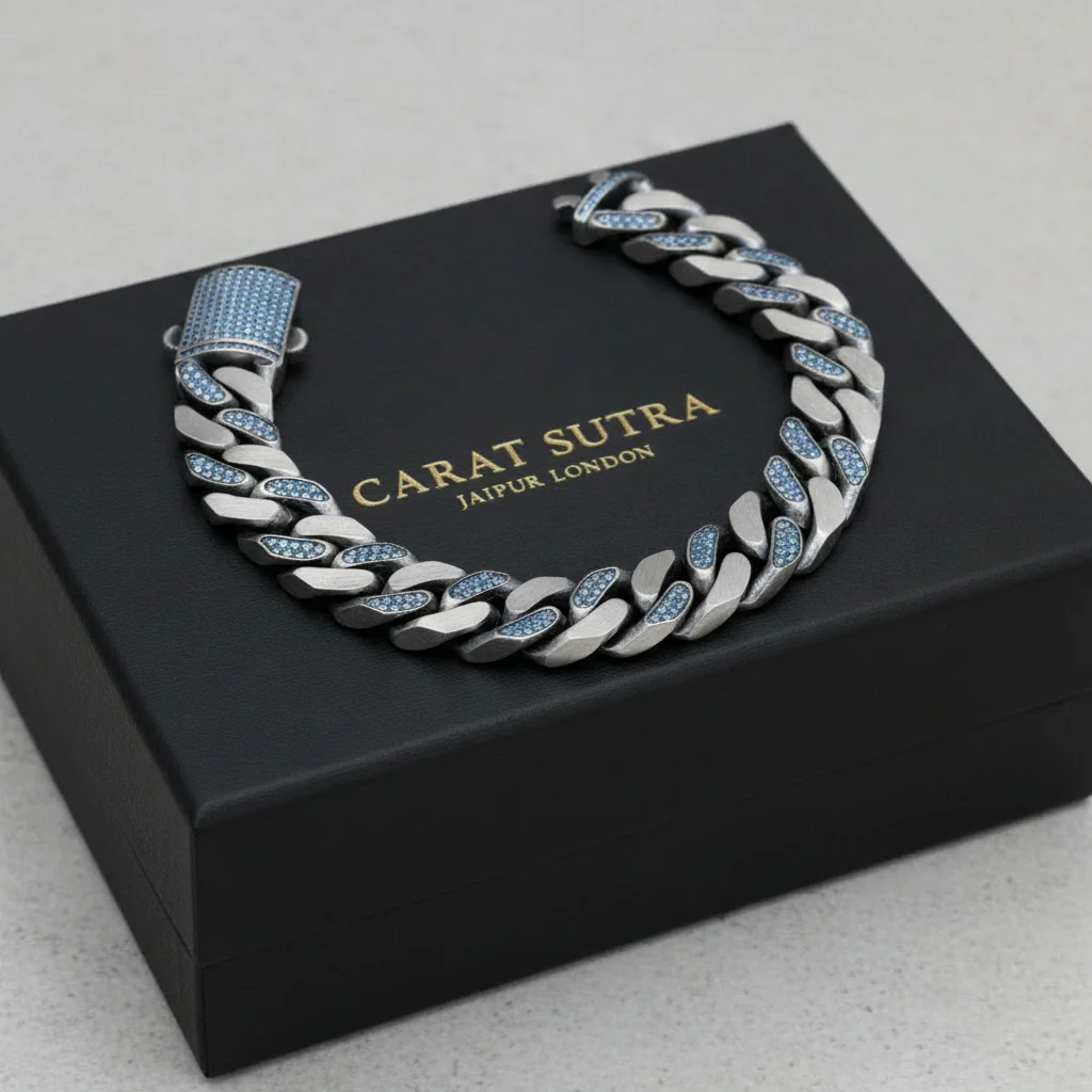 RARE PRINCE by CARAT SUTRA | 14mm Unique  Blue Iced Cuban Link Bracelet for Men | Dark Oxidized 925 Silver Bracelet | Men's Jewelry | With Certificate of Authenticity and 925 Hallmark - Image 2
