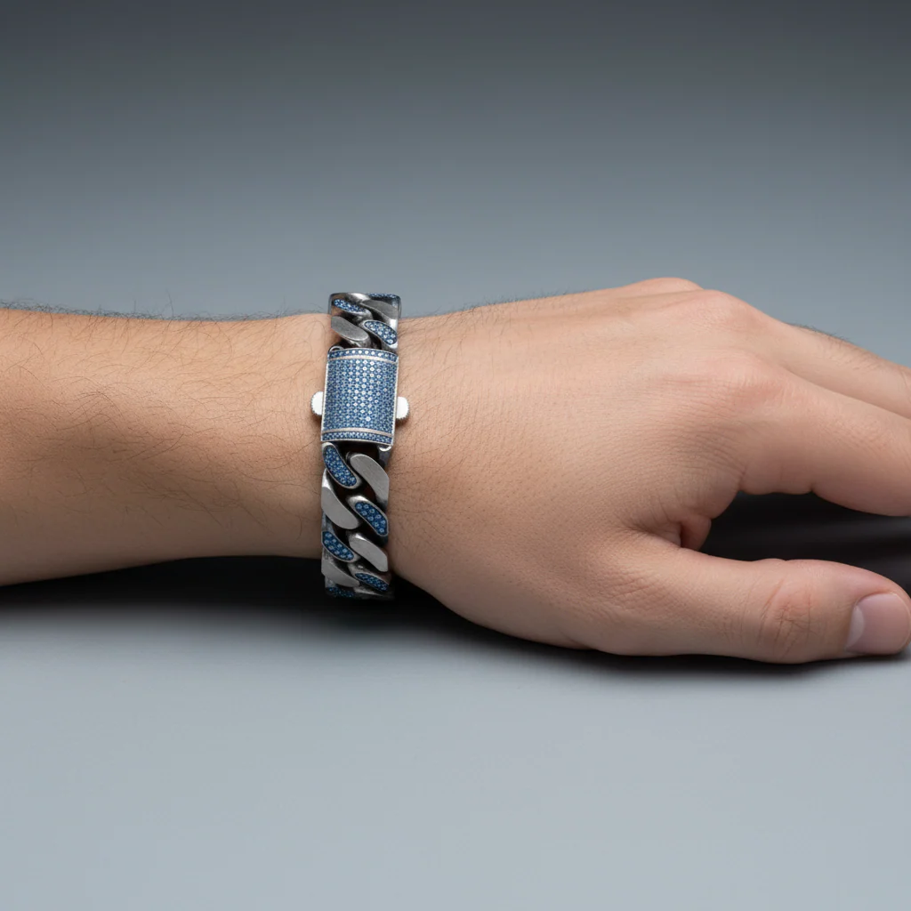 RARE PRINCE by CARAT SUTRA | 14mm Unique  Blue Iced Cuban Link Bracelet for Men | Dark Oxidized 925 Silver Bracelet | Men's Jewelry | With Certificate of Authenticity and 925 Hallmark - Image 3