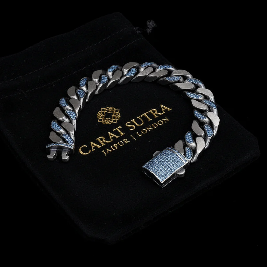 RARE PRINCE by CARAT SUTRA | 14mm Unique  Blue Iced Cuban Link Bracelet for Men | Dark Oxidized 925 Silver Bracelet | Men's Jewelry | With Certificate of Authenticity and 925 Hallmark - Image 4