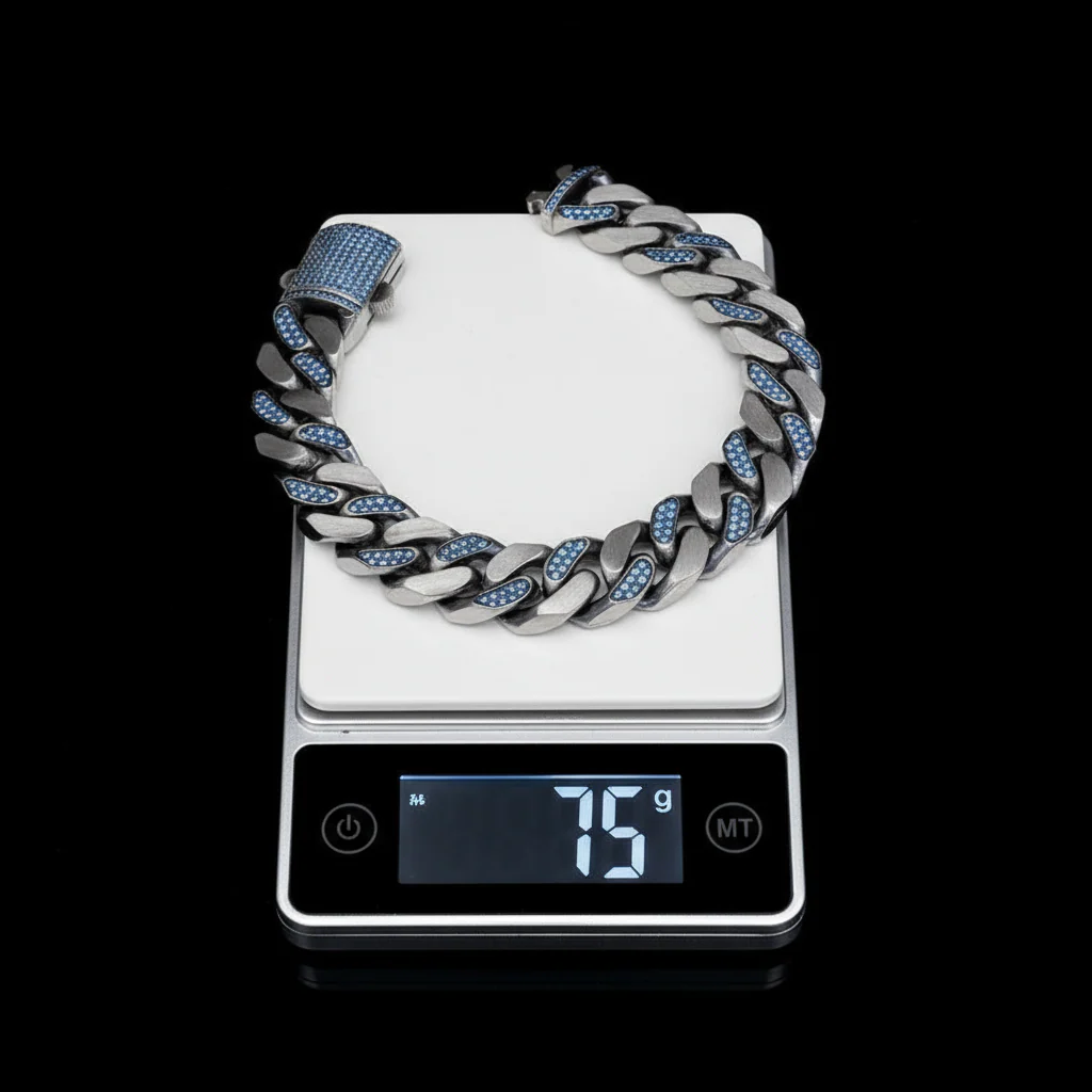 RARE PRINCE by CARAT SUTRA | 14mm Unique  Blue Iced Cuban Link Bracelet for Men | Dark Oxidized 925 Silver Bracelet | Men's Jewelry | With Certificate of Authenticity and 925 Hallmark - Image 5