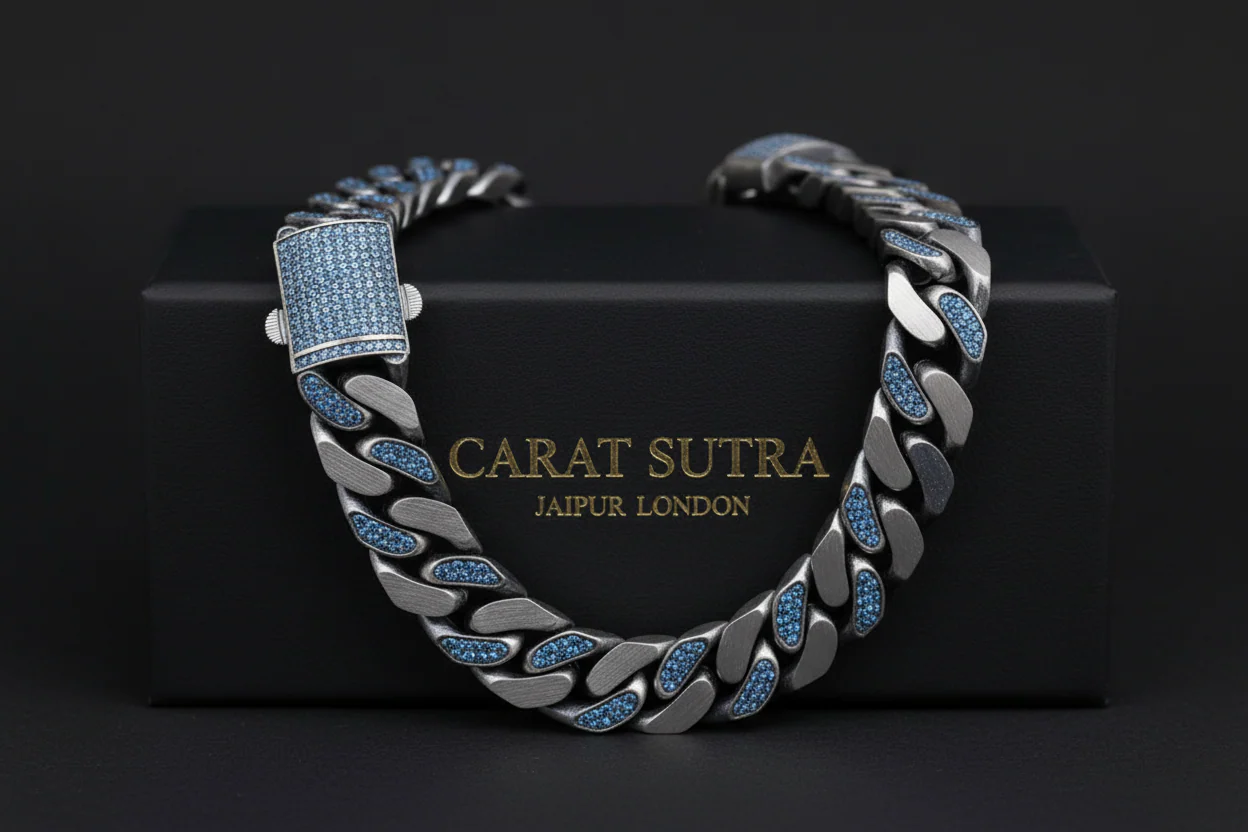 RARE PRINCE by CARAT SUTRA | 14mm Unique  Blue Iced Cuban Link Bracelet for Men | Dark Oxidized 925 Silver Bracelet | Men's Jewelry | With Certificate of Authenticity and 925 Hallmark - Image 6