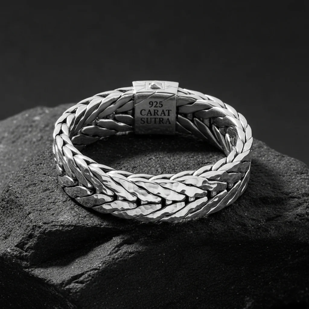 RARE PRINCE by CARAT SUTRA | 16mm Wide Hammered Textured Bracelet | 925 Sterling Silver Bracelet | Men's Jewelry | With Certificate of Authenticity and 925 Hallmark - Image 2