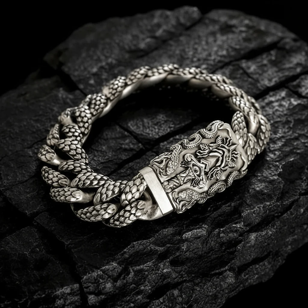 16mm wide Solid. 925 sterling silver bracelet with Snake Textured and Dagger oxidized Cuban design | Sterling Silver Bracelet | With Certificate of Authenticity and 925 Hallmark