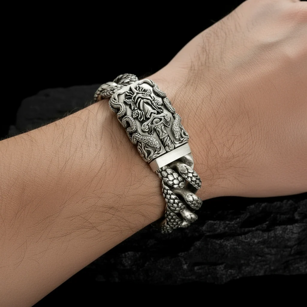 16mm wide Solid. 925 sterling silver bracelet with Snake Textured and Dagger oxidized Cuban design | Sterling Silver Bracelet | With Certificate of Authenticity and 925 Hallmark - Image 2