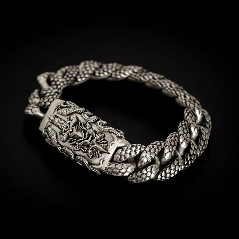 16mm wide Solid. 925 sterling silver bracelet with Snake Textured and Dagger oxidized Cuban design | Sterling Silver Bracelet | With Certificate of Authenticity and 925 Hallmark - Image 4