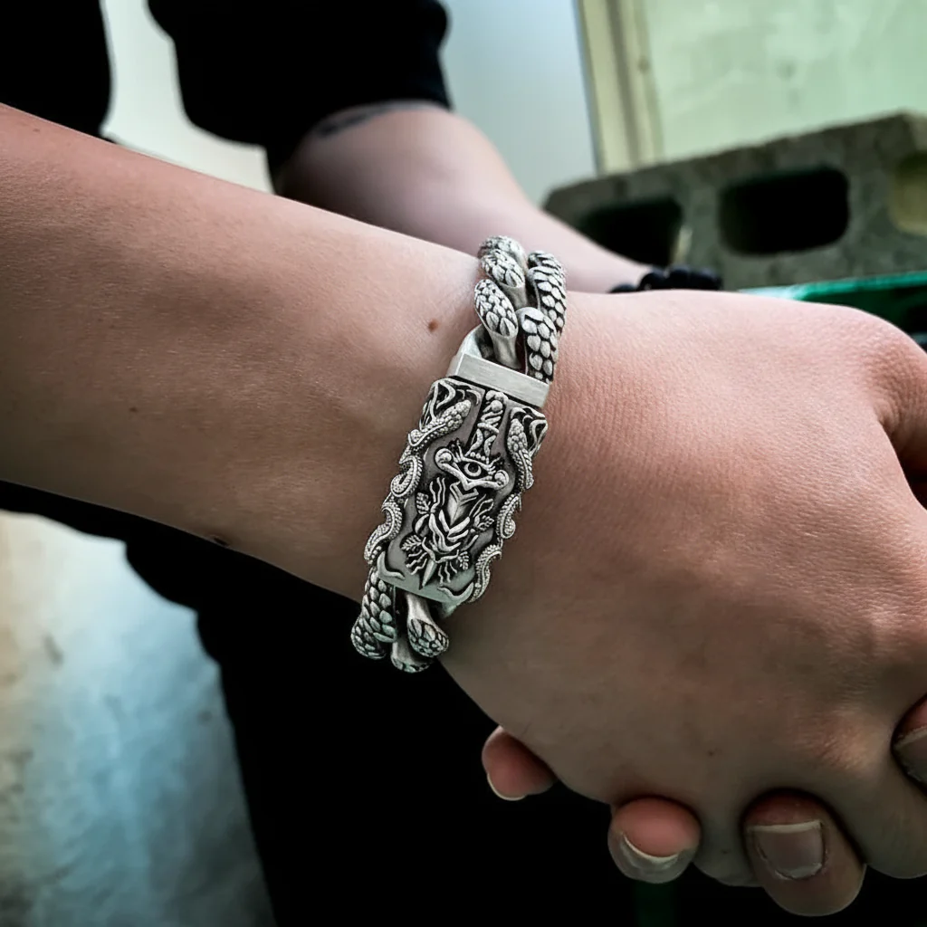 16mm wide Solid. 925 sterling silver bracelet with Snake Textured and Dagger oxidized Cuban design | Sterling Silver Bracelet | With Certificate of Authenticity and 925 Hallmark - Image 5