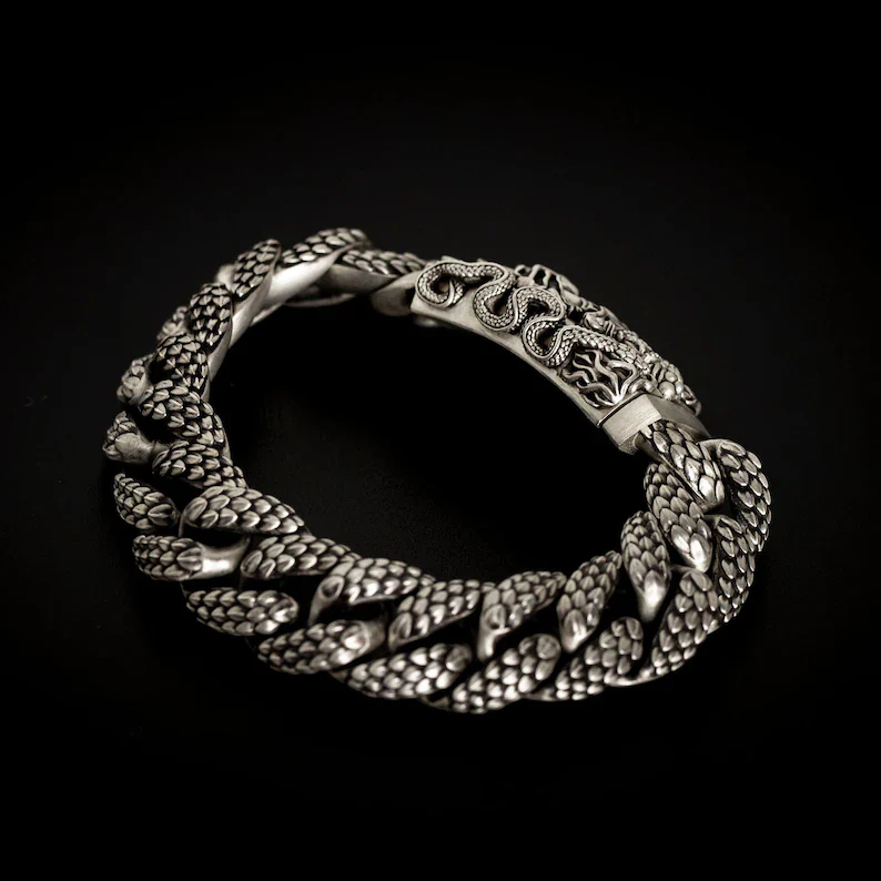 16mm wide Solid. 925 sterling silver bracelet with Snake Textured and Dagger oxidized Cuban design | Sterling Silver Bracelet | With Certificate of Authenticity and 925 Hallmark - Image 6