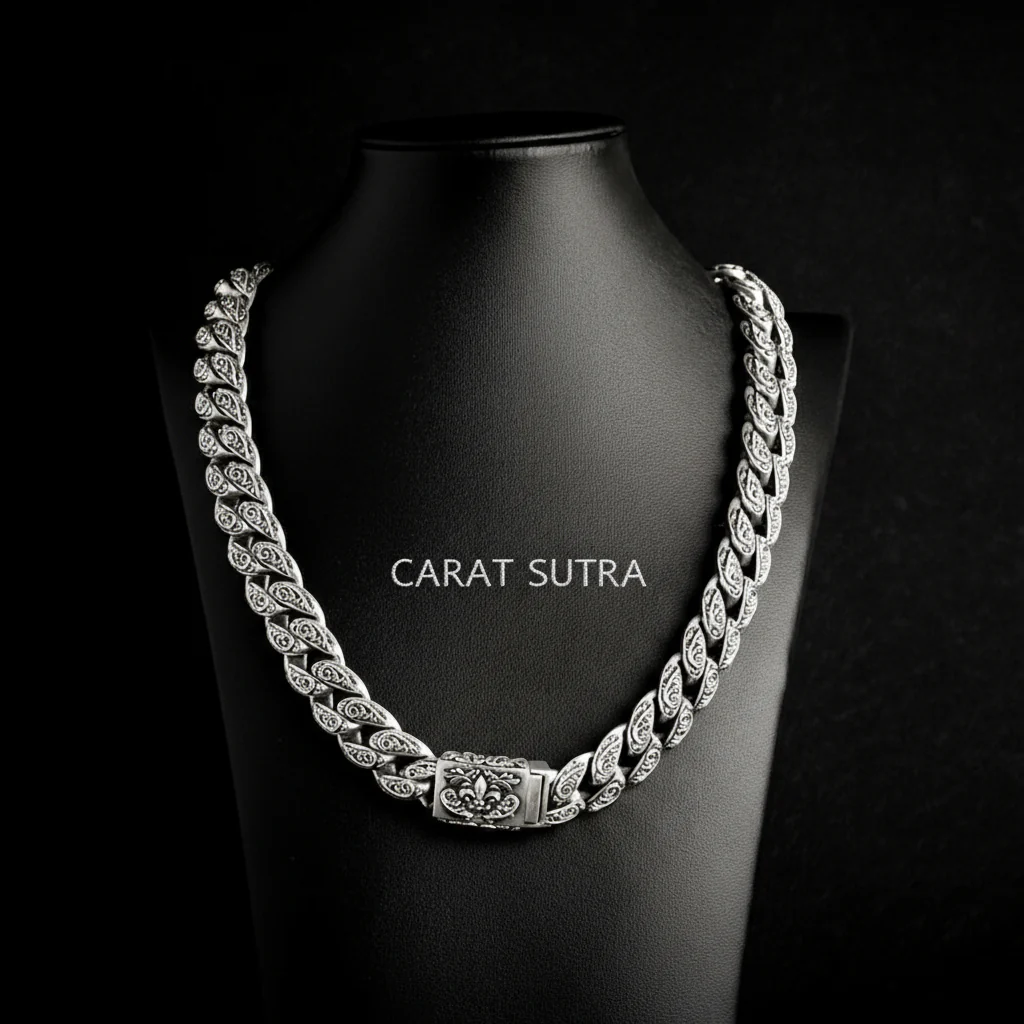 RARE PRINCE by CARAT SUTRA | 16mm Wide Solid Floral Cuban Chain link Necklace | Oxidised 925 Sterling Silver Bracelet | Men's Jewelry | With Certificate of Authenticity and 925 Hallmark