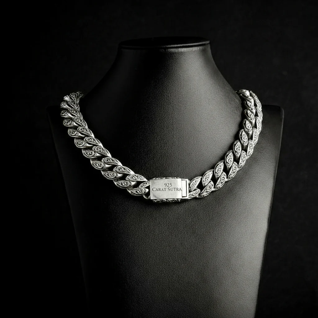 RARE PRINCE by CARAT SUTRA | 16mm Wide Solid Floral Cuban Chain link Necklace | Oxidised 925 Sterling Silver Bracelet | Men's Jewelry | With Certificate of Authenticity and 925 Hallmark - Image 2