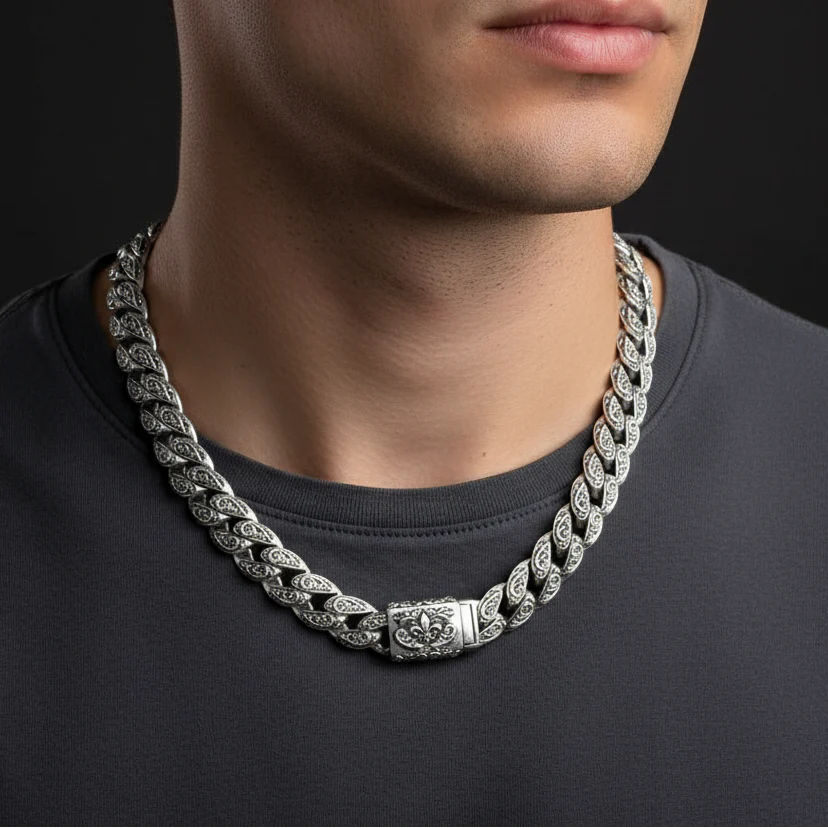 RARE PRINCE by CARAT SUTRA | 16mm Wide Solid Floral Cuban Chain link Necklace | Oxidised 925 Sterling Silver Bracelet | Men's Jewelry | With Certificate of Authenticity and 925 Hallmark - Image 3