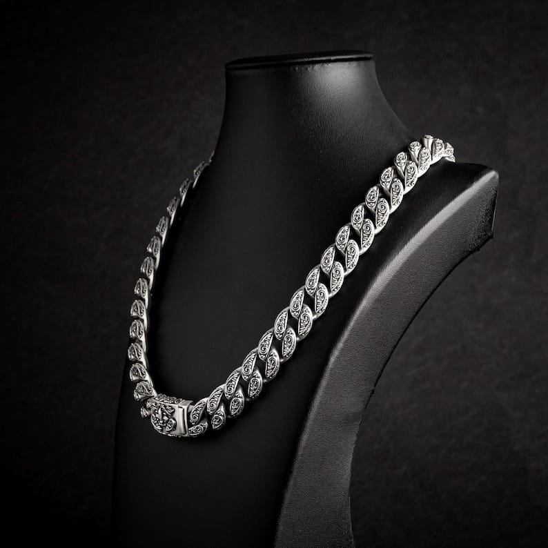 RARE PRINCE by CARAT SUTRA | 16mm Wide Solid Floral Cuban Chain link Necklace | Oxidised 925 Sterling Silver Bracelet | Men's Jewelry | With Certificate of Authenticity and 925 Hallmark - Image 5