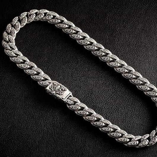 RARE PRINCE by CARAT SUTRA | 16mm Wide Solid Floral Cuban Chain link Necklace | Oxidised 925 Sterling Silver Bracelet | Men's Jewelry | With Certificate of Authenticity and 925 Hallmark - Image 7