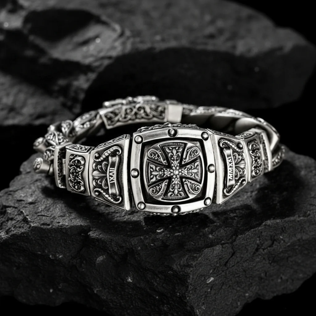 RARE PRINCE by CARAT SUTRA | 16mm Wide Solid Floral Textured Watch Shape Cross Miami Cuban Link With Artistic Cross Bracelet | Oxidised 925 Sterling Silver Bracelet | Men's Jewelry | With Certificate of Authenticity and 925 Hallmark