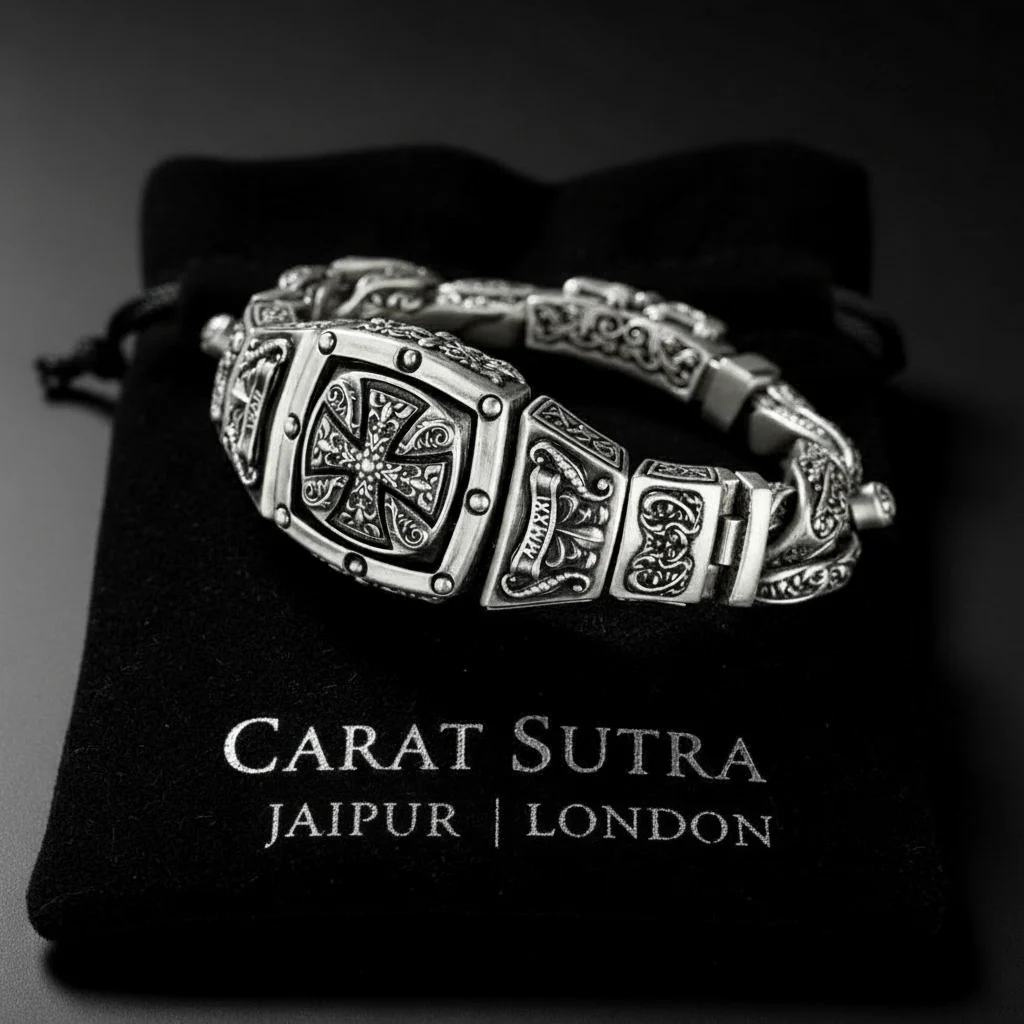 RARE PRINCE by CARAT SUTRA | 16mm Wide Solid Floral Textured Watch Shape Cross Miami Cuban Link With Artistic Cross Bracelet | Oxidised 925 Sterling Silver Bracelet | Men's Jewelry | With Certificate of Authenticity and 925 Hallmark - Image 2