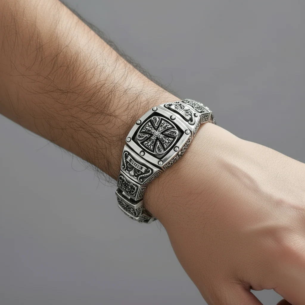 RARE PRINCE by CARAT SUTRA | 16mm Wide Solid Floral Textured Watch Shape Cross Miami Cuban Link With Artistic Cross Bracelet | Oxidised 925 Sterling Silver Bracelet | Men's Jewelry | With Certificate of Authenticity and 925 Hallmark - Image 3