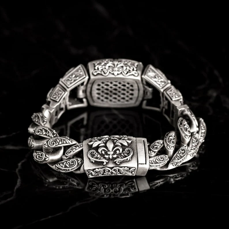 RARE PRINCE by CARAT SUTRA | 16mm Wide Solid Floral Textured Watch Shape Cross Miami Cuban Link With Artistic Cross Bracelet | Oxidised 925 Sterling Silver Bracelet | Men's Jewelry | With Certificate of Authenticity and 925 Hallmark - Image 5
