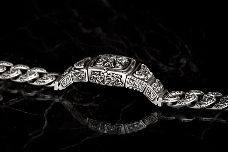RARE PRINCE by CARAT SUTRA | 16mm Wide Solid Floral Textured Watch Shape Cross Miami Cuban Link With Artistic Cross Bracelet | Oxidised 925 Sterling Silver Bracelet | Men's Jewelry | With Certificate of Authenticity and 925 Hallmark - Image 7