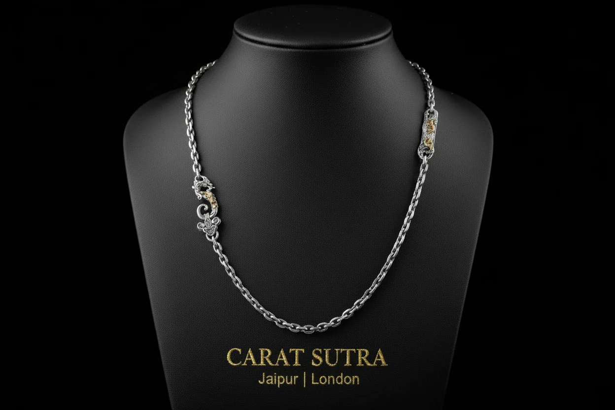 RARE PRINCE by CARAT SUTRA | 4mm wide Dragon lock chain Oxidised Box Chain | 925 Sterling Silver Chain | Men's Jewelry | With Certificate of Authenticity and 925 Hallmark