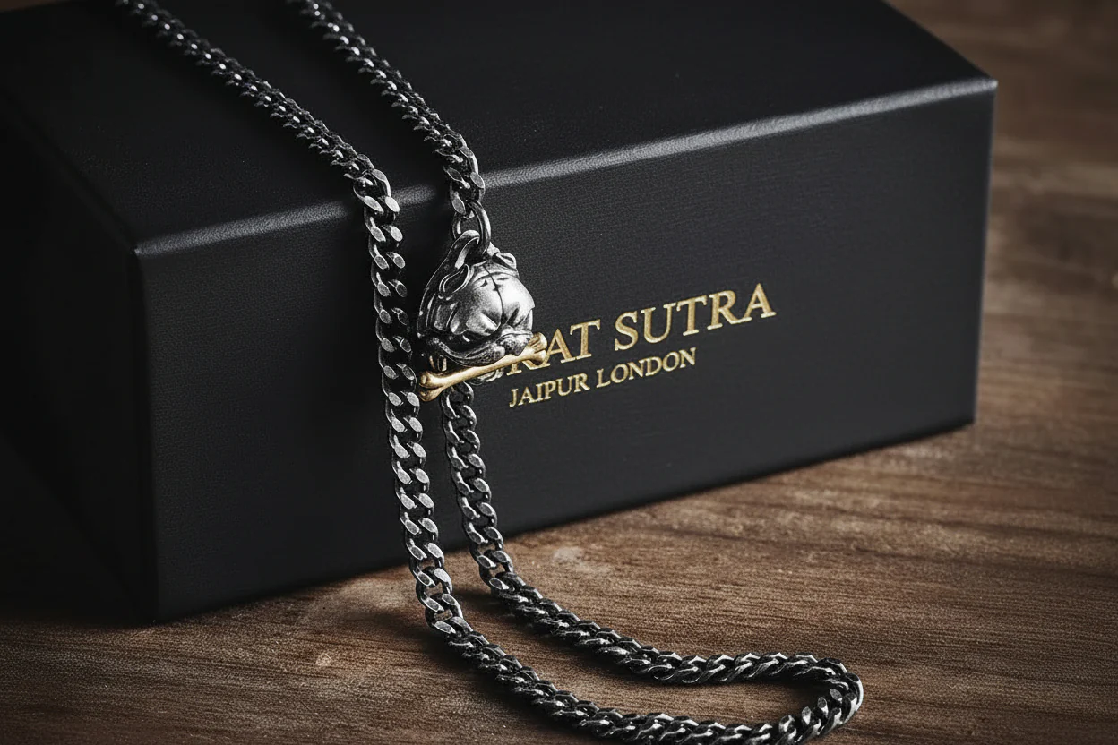 RARE PRINCE by CARAT SUTRA | 4mm wide Cuban with Pitbul Face lock chain Oxidised Box Chain | 925 Sterling Silver Chain |With Certificate of Authenticity and 925 Hallmark - Image 5