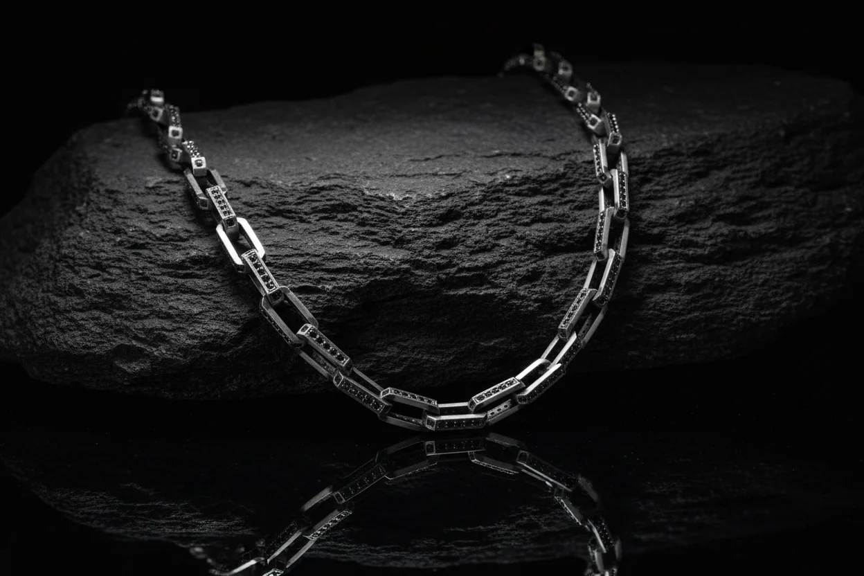 RARE PRINCE by CARAT SUTRA | 8mm Wide Oxidised Box Chain Studded With Black Zirconia Stone | 925 Sterling Silver Chain | Men's Jewelry | With Certificate of Authenticity and 925 Hallmark