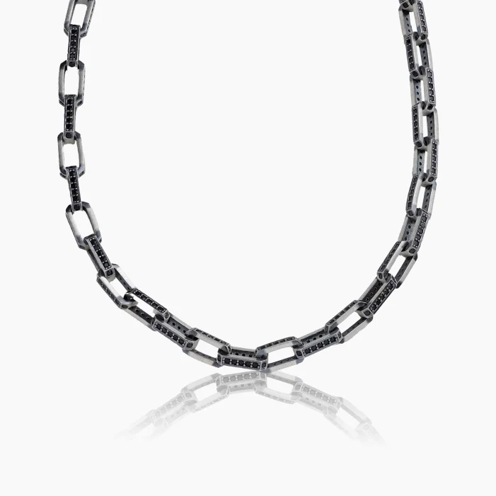 RARE PRINCE by CARAT SUTRA | 8mm Wide Oxidised Box Chain Studded With Black Zirconia Stone | 925 Sterling Silver Chain | Men's Jewelry | With Certificate of Authenticity and 925 Hallmark - Image 2